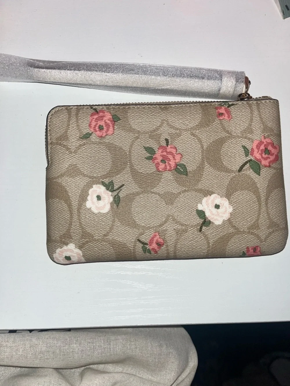 Coach Beige Signature Floral Zip Wristlet with Pink & Cream Flowers - Picture 2 of 2